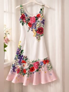 VENUS White Floral Asymmetrical Dress with Pink Hem